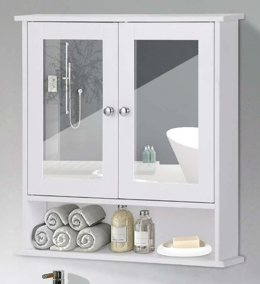 White Bathroom Wall Medicine Cabinet with Mirror and Open Shelf