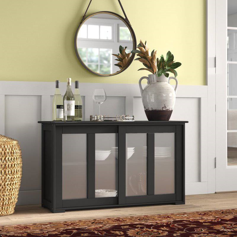 Black Sideboard Buffet Dining Storage Cabinet with 2 Glass Sliding Doors