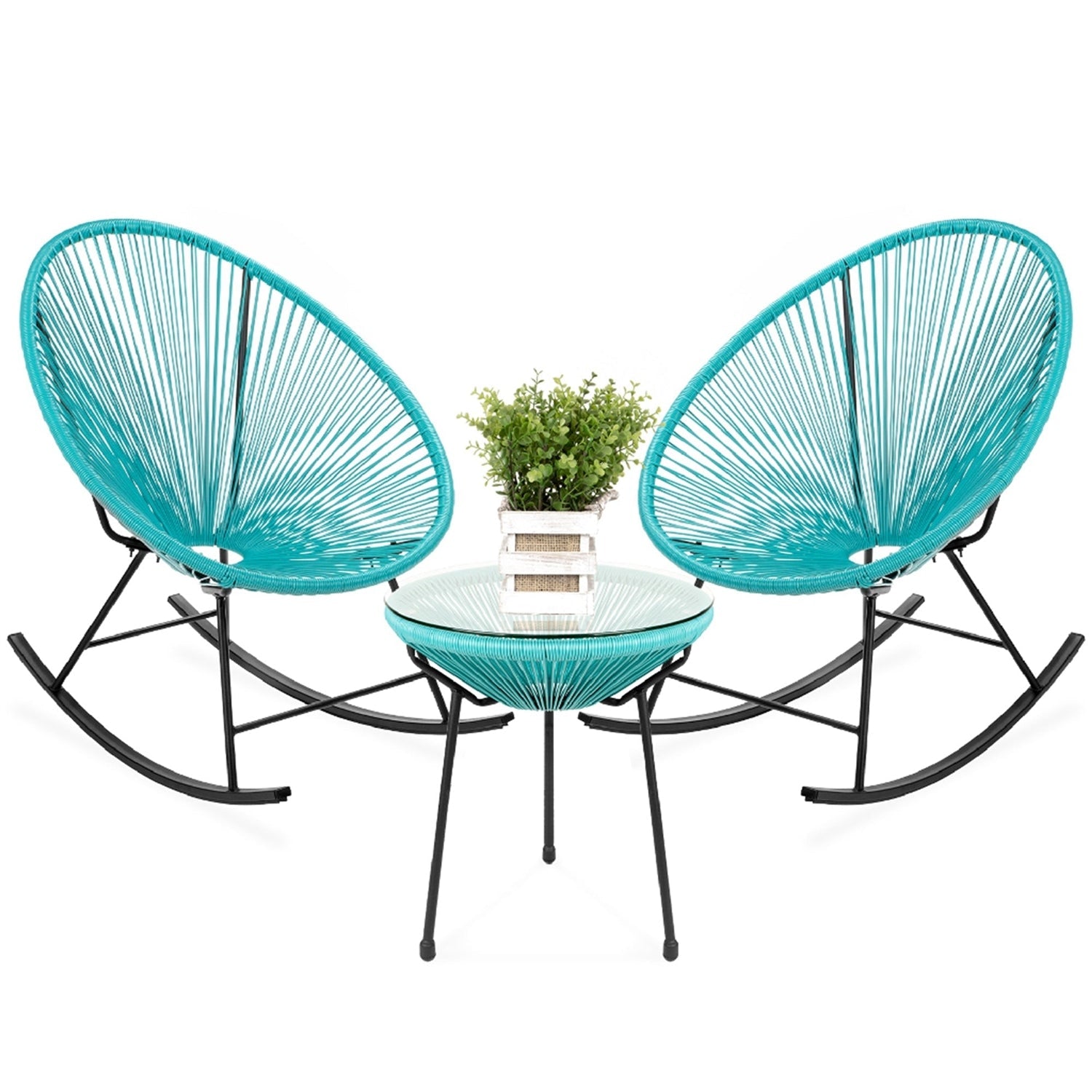 3 Piece Teal Oval Patio Woven Rocking Chair Bistro Set