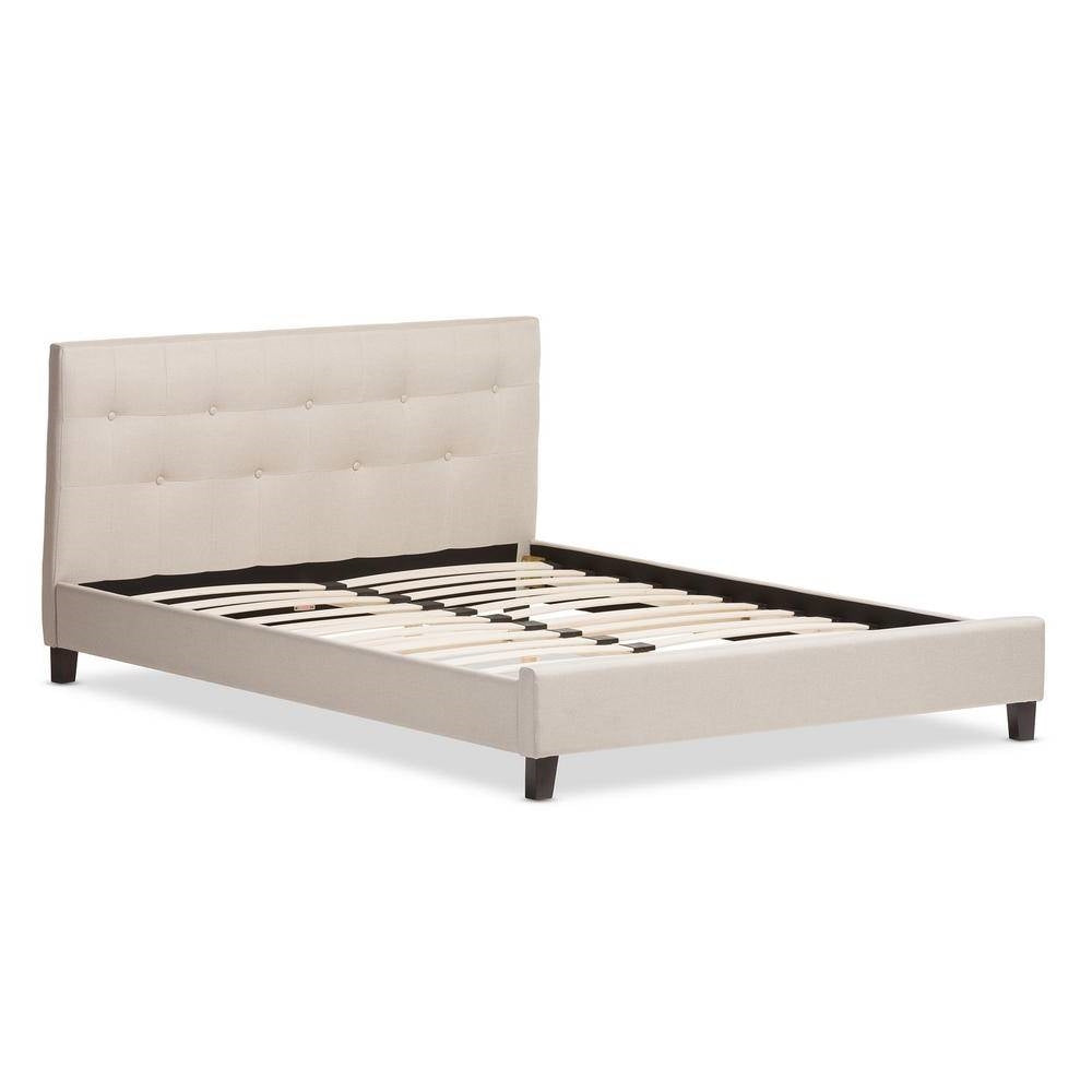 Full size Modern Platform Bed with Beige Fabric Upholstered Headboard