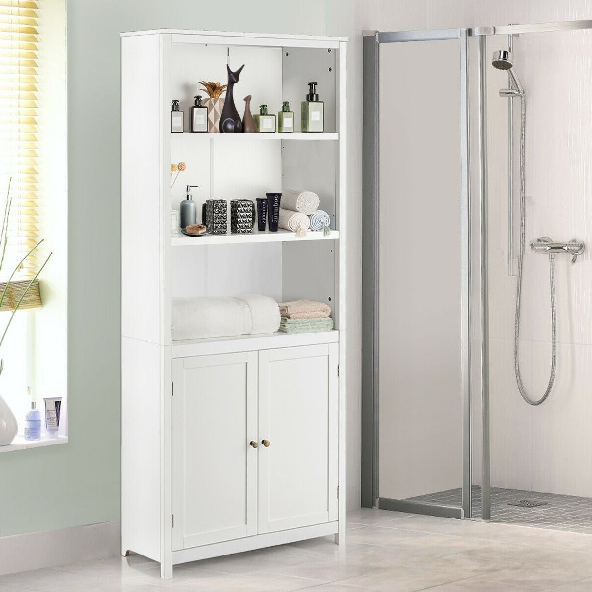 White Bathroom Linen Tower Towel Storage Cabinet with 3 Open Shelves