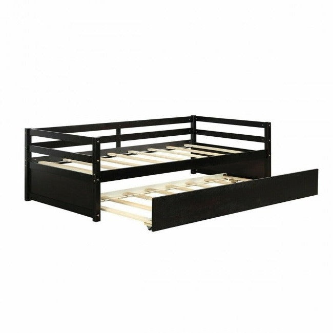 Twin/Twin Dorm Style Trundle Daybed Platform Bed Frame in Espresso