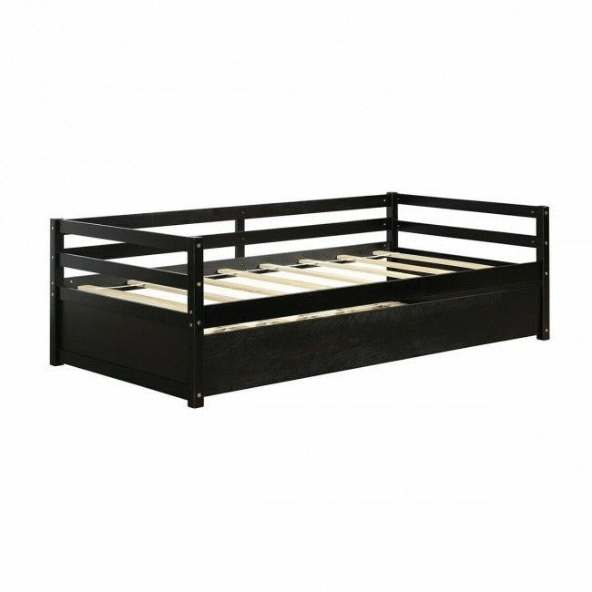 Twin/Twin Dorm Style Trundle Daybed Platform Bed Frame in Espresso