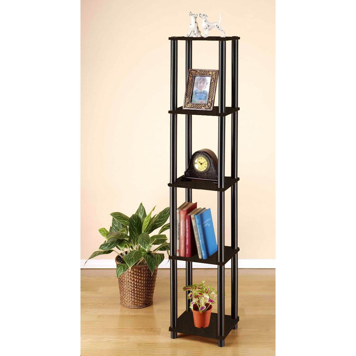5-Tier Square Corner Display Shelf Bookcase in Espresso/Black