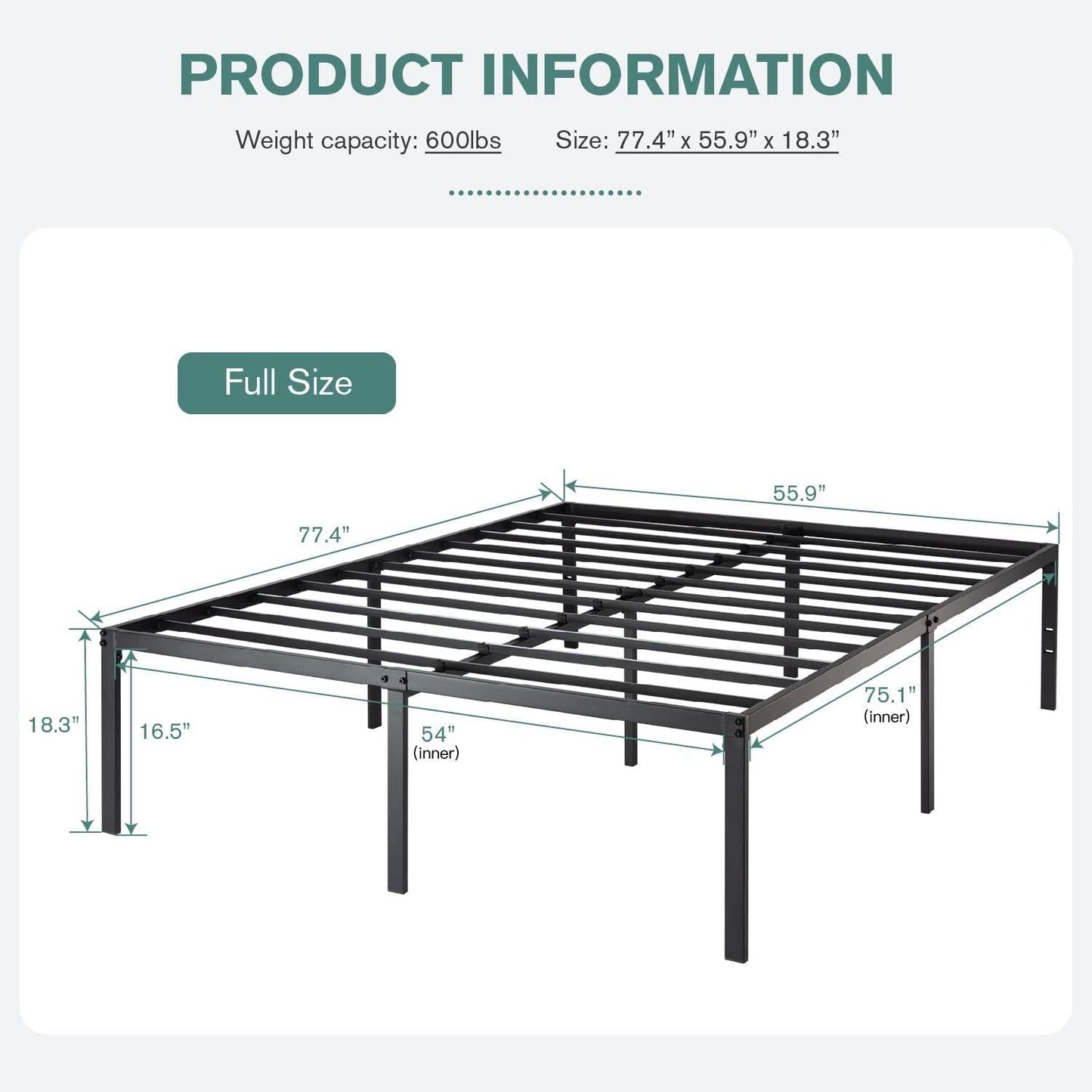 Full 18-inch Metal Platform Bed Frame with Under-Bed Storage Space