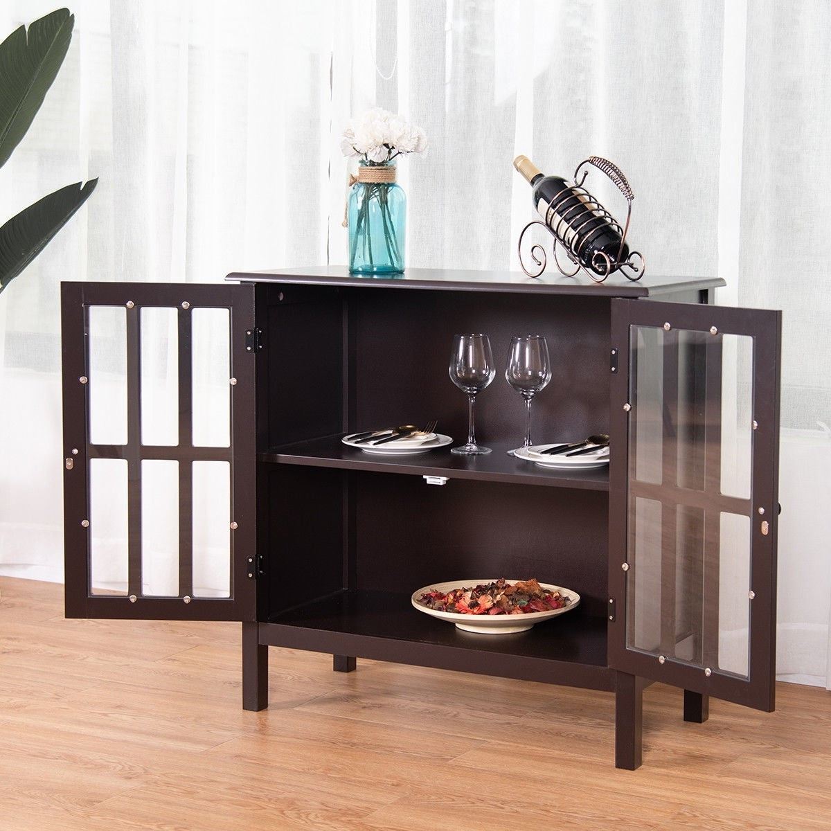Brown Wood Sideboard Buffet Cabinet with Glass Panel Doors