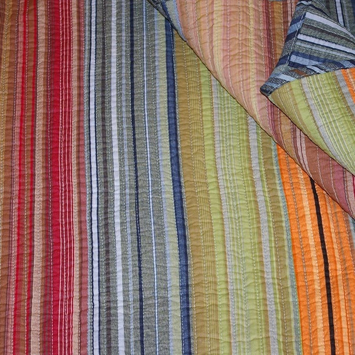 Full / Queen 100% Cotton Quilt Set with Red Orange Blue Brown Stripes