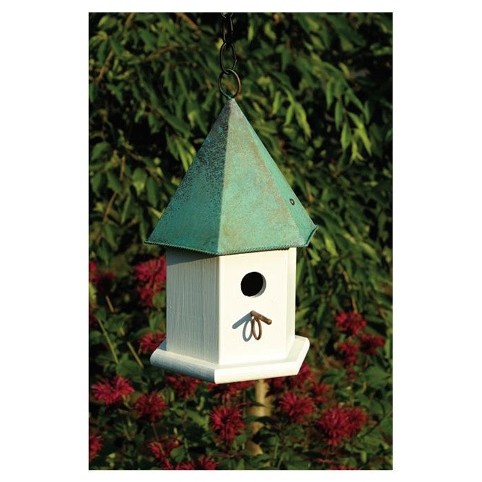 White Wood Bird House with Verdi Green Copper Roof - Made in USA