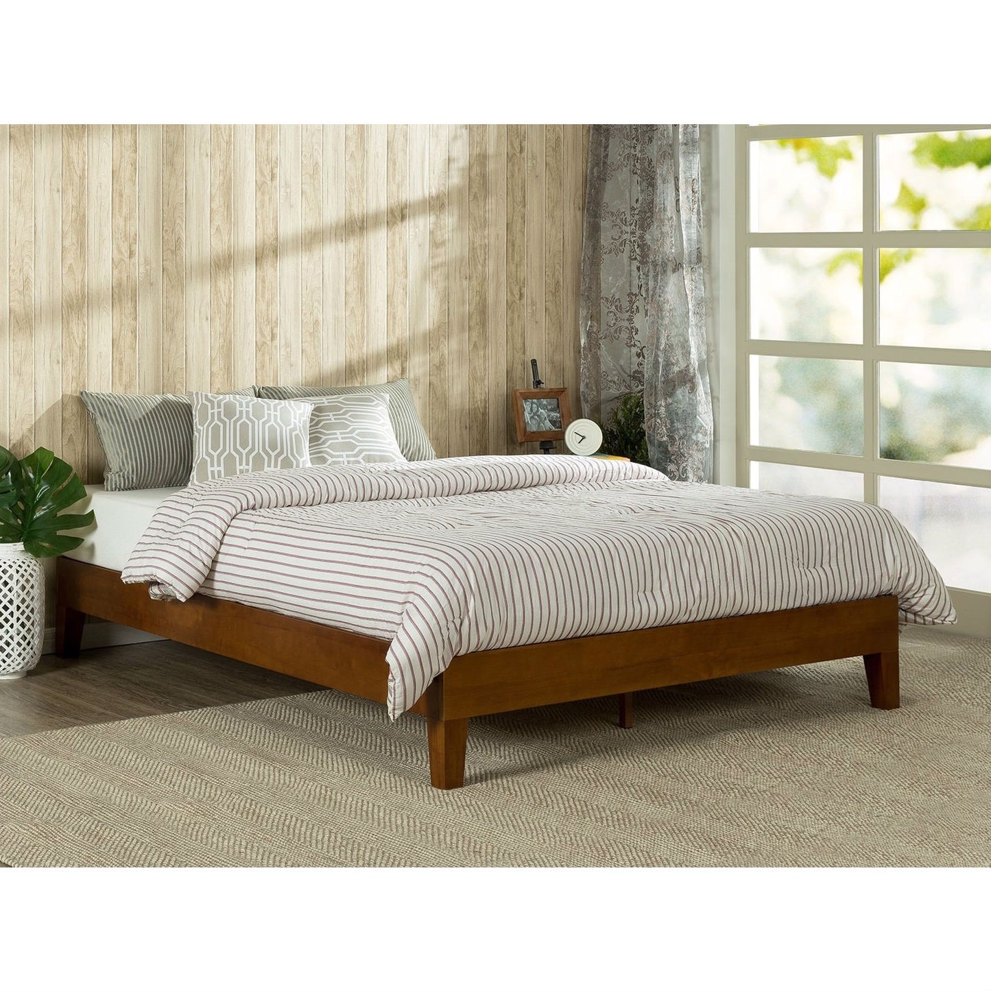 King size Modern Low Profile Solid Wood Platform Bed Frame in Cherry Finish