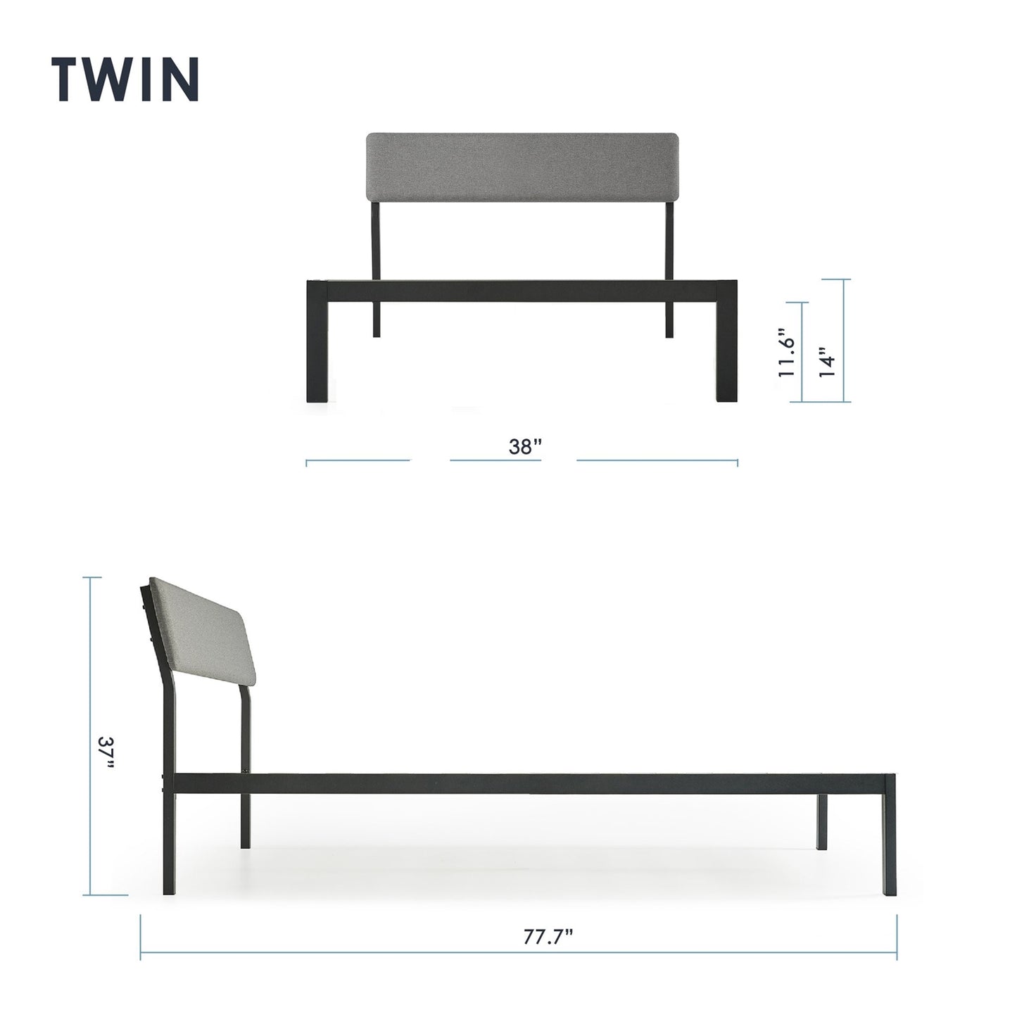 Twin Size Grey Soft Fabric Metal Headboard Platform Bed Wooden Slats