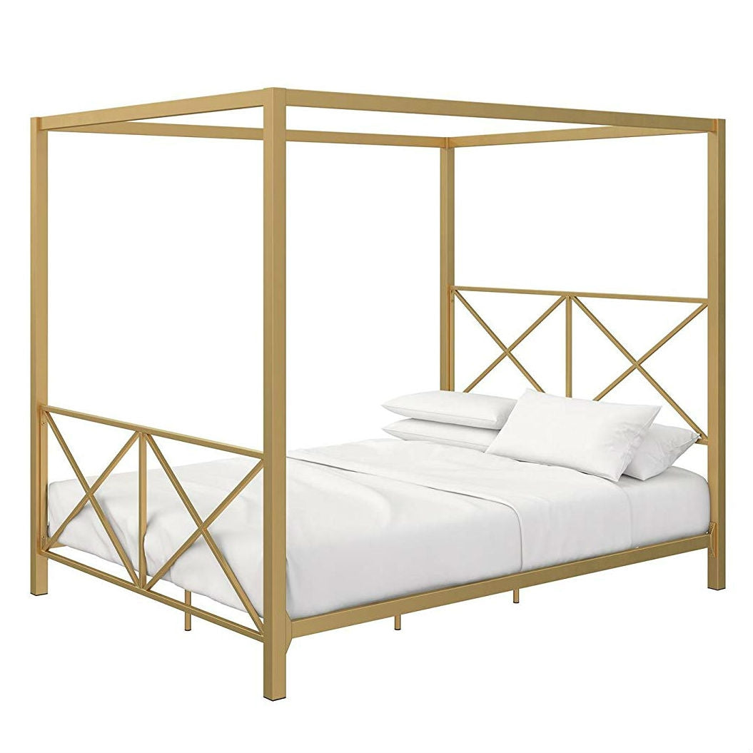 Queen size Modern Gold Metal Canopy Bed Frame with Headboard and Footboard
