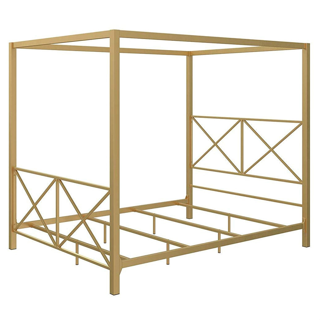 Queen size Modern Gold Metal Canopy Bed Frame with Headboard and Footboard