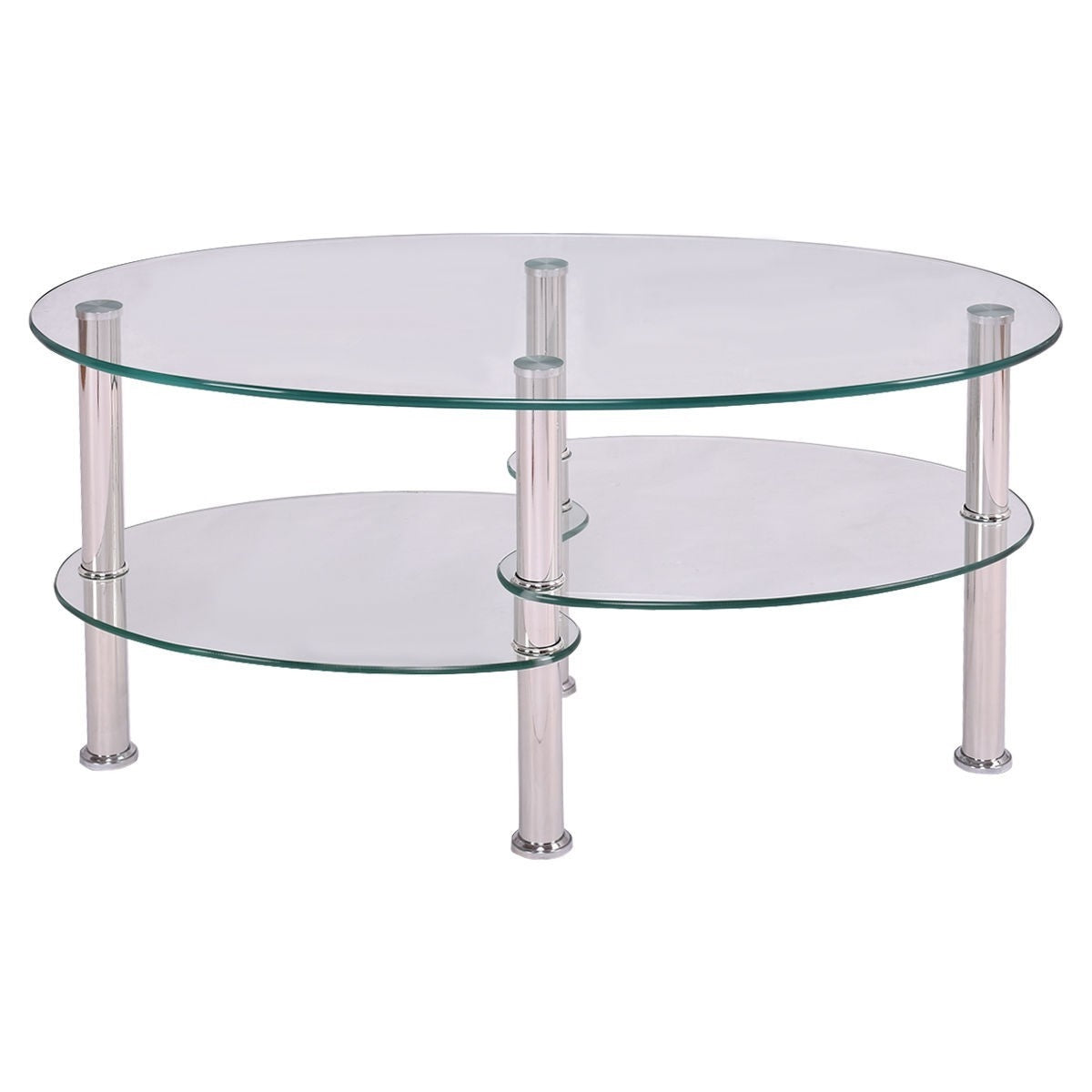Modern Oval Tempered Glass Coffee Table with Bottom Shelf