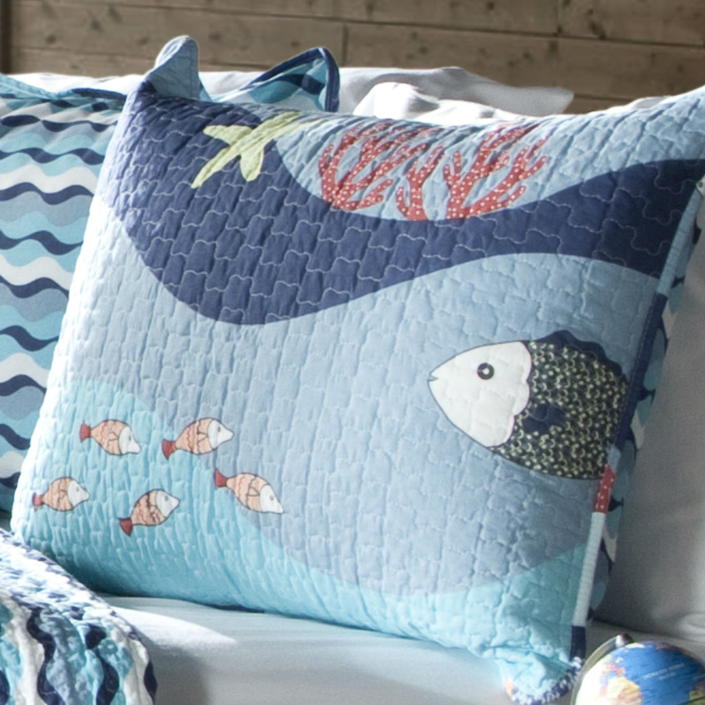 Twin Blue Serenity Sea Fish Coral Coverlet Quilt Bedspread Set