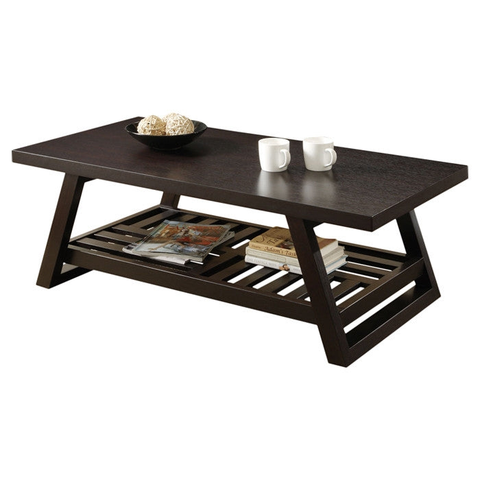 Contemporary Coffee Table with Slatted Bottom Shelf in Rich Brown